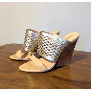 Schutz Brunilla Mule Sandal Gold Nude Block Heel Macadamia/Specchio Platina 6 B